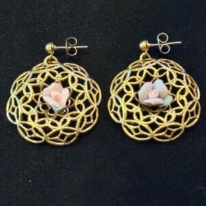 Vintage Gold filigree drop earrings with Lavender & Pink Flower Centerpiece